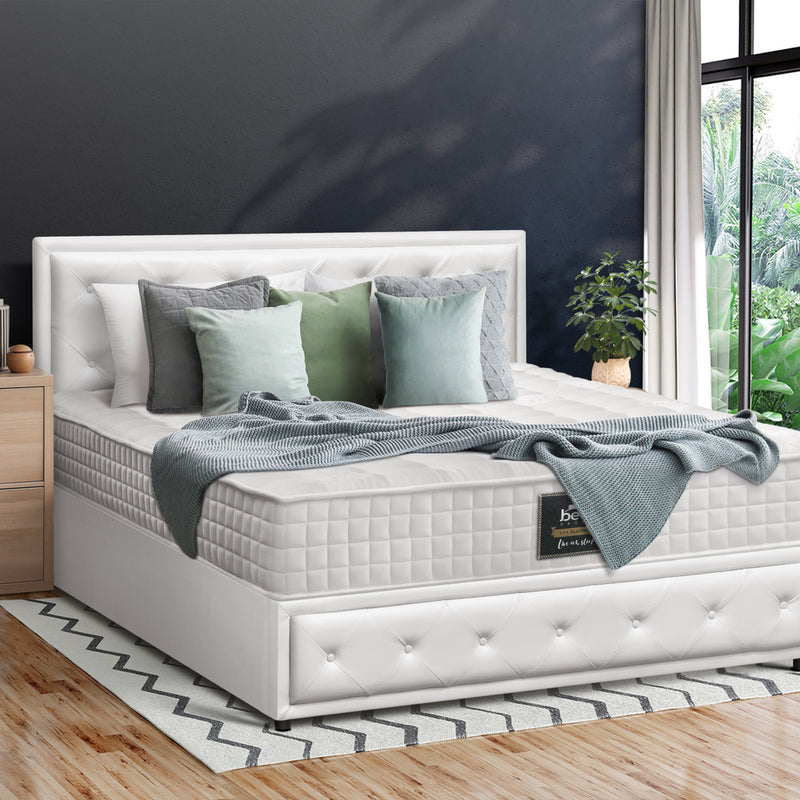 Oikiture Bed Frame with Mattress Queen Size Gas Lift White