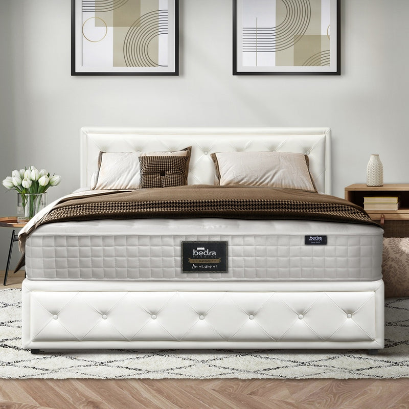 Oikiture Bed Frame with Mattress Queen Size Gas Lift White