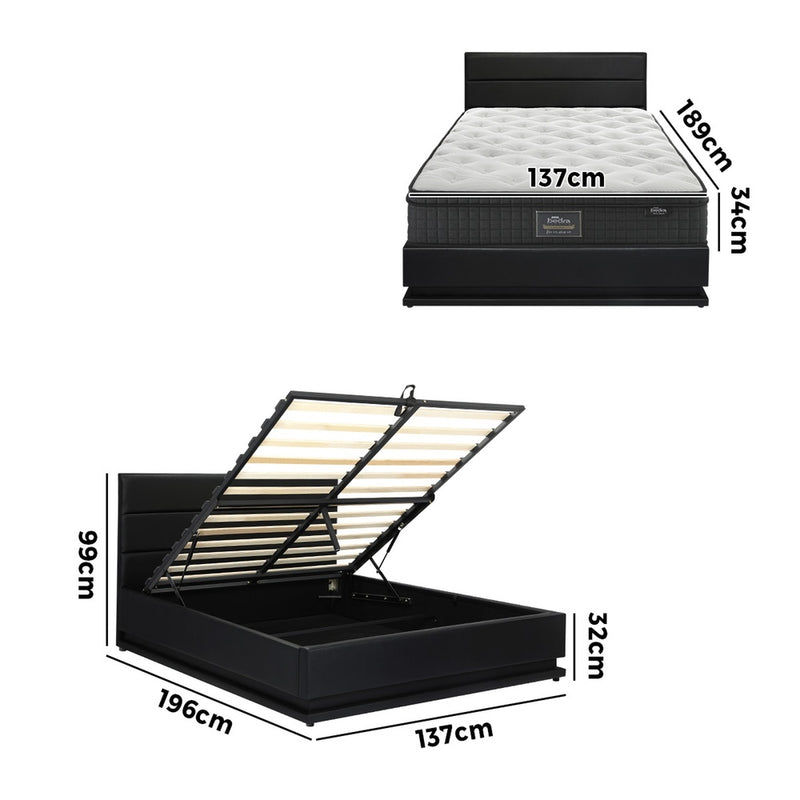 Oikiture Bed Frame with Mattress Double Size LED Gas Lift Black LAYZ