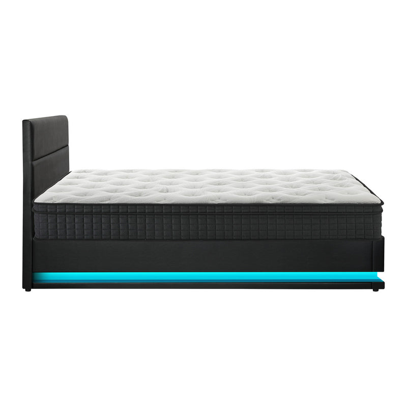 Oikiture Bed Frame with Mattress Double Size LED Gas Lift Black LAYZ