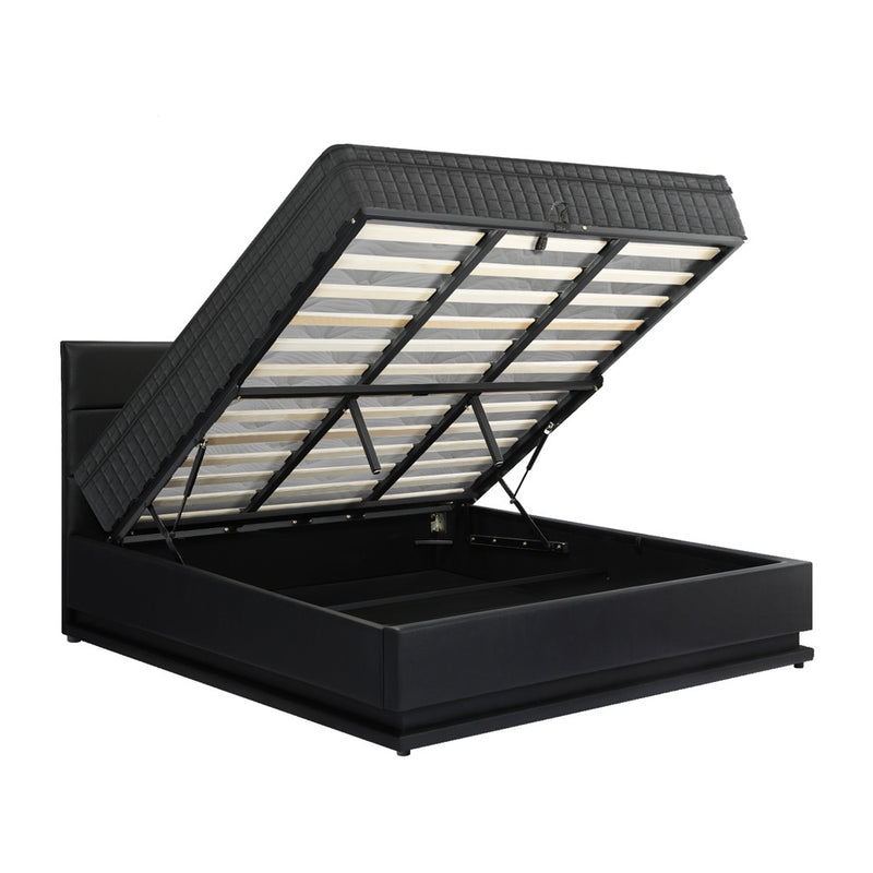 Oikiture Bed Frame with Mattress King Size LED Gas Lift Black LAYZ