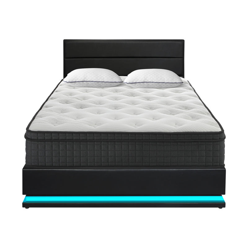 Oikiture Bed Frame with Mattress Queen Size LED Gas Lift Black LAYZ