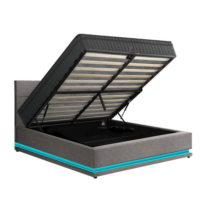 Oikiture Bed Frame with Mattress Double Size LED Gas Lift Grey LAYZ