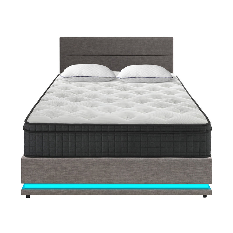 Oikiture Bed Frame with Mattress Queen Size LED Gas Lift Grey LAYZ