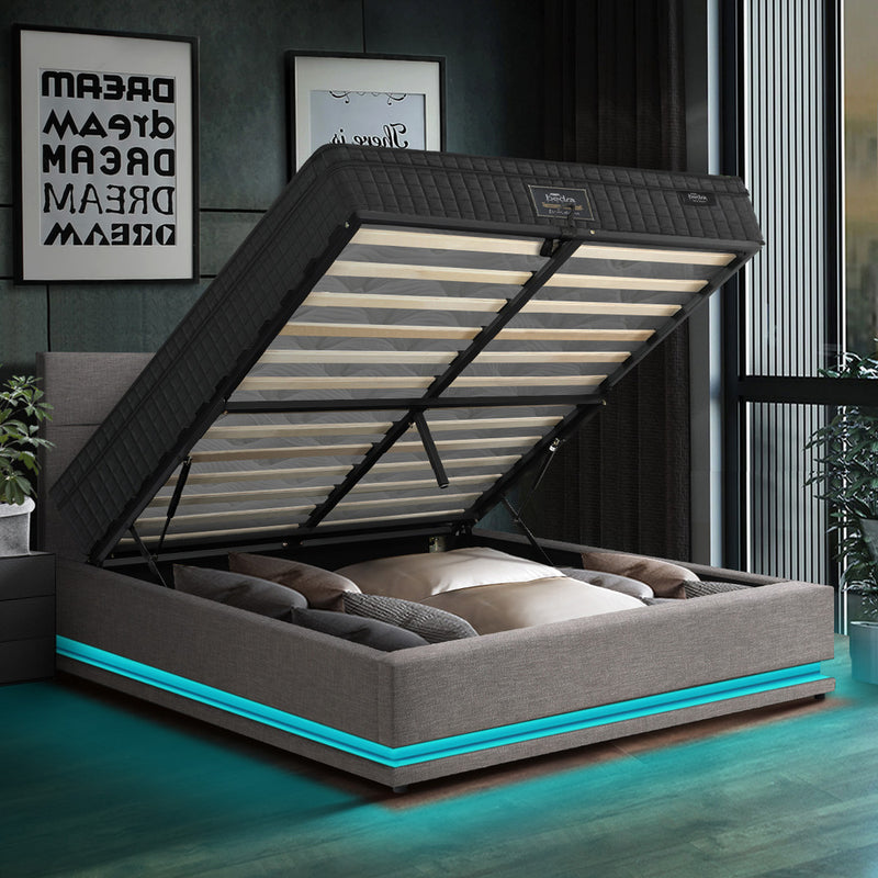 Oikiture Bed Frame with Mattress Queen Size LED Gas Lift Grey LAYZ