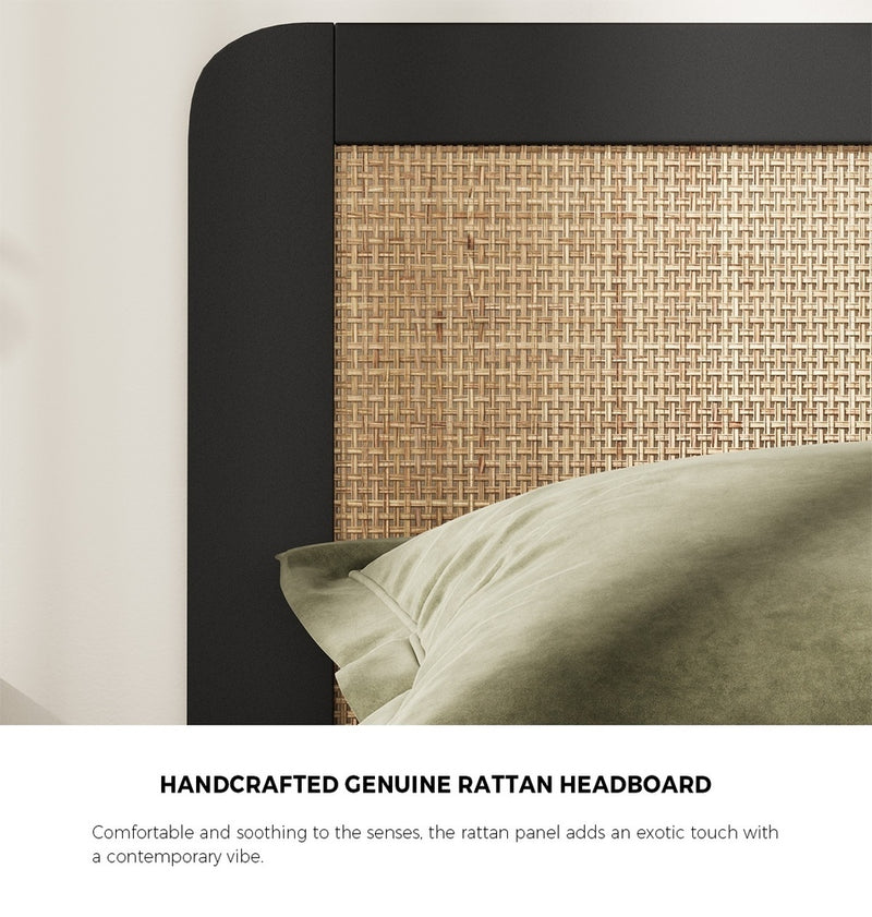 Oikiture Bed Frame King Single Real Rattan Headboard Black