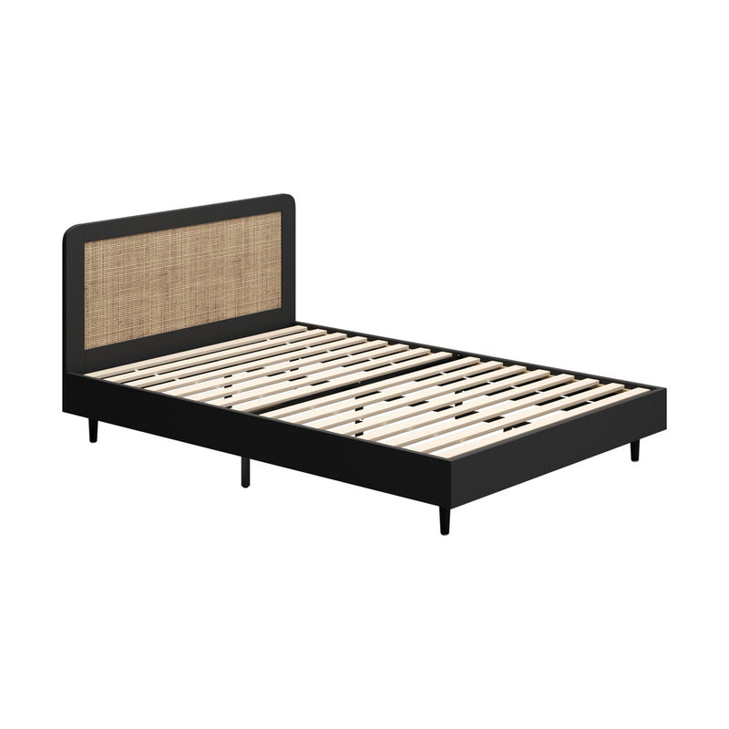 Oikiture Bed Frame Queen Size Real Rattan Headboard Black