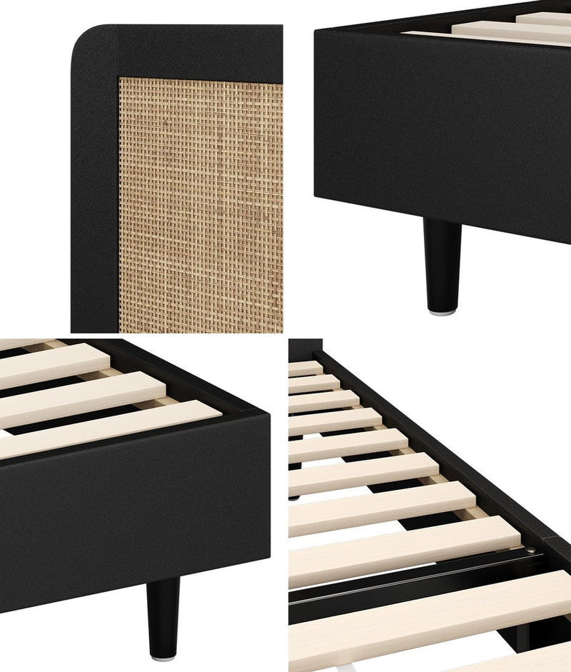 Oikiture Bed Frame Queen Size Real Rattan Headboard Black