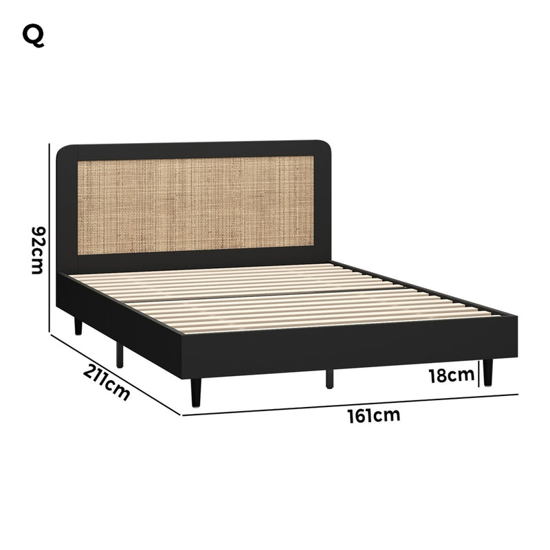 Oikiture Bed Frame Queen Size Real Rattan Headboard Black