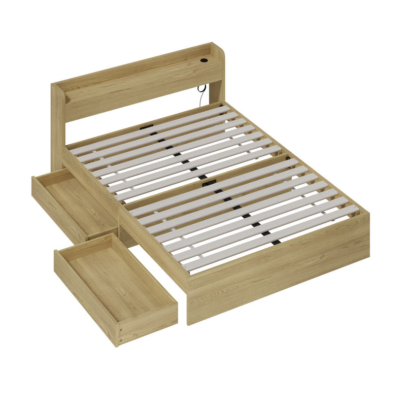 Oikiture Double Bed Frame with Charging Ports and 2 Drawers