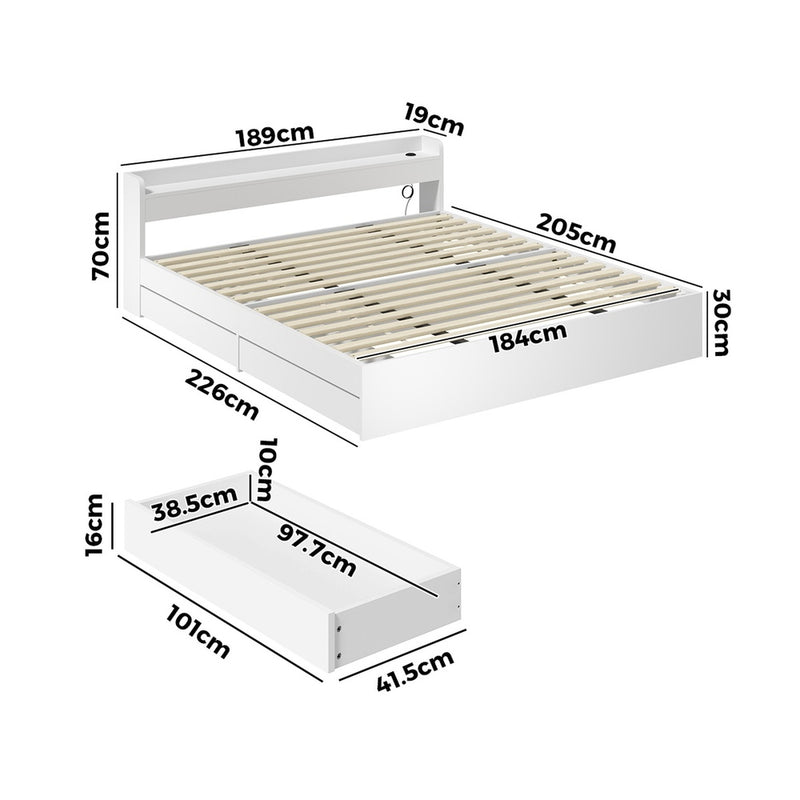 Oikiture Bed Frame King Size with 2 Drawers Charging Ports White