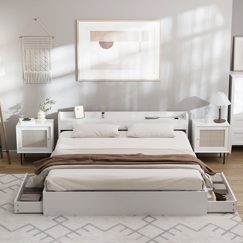 Oikiture Bed Frame King Size with 2 Drawers Charging Ports White
