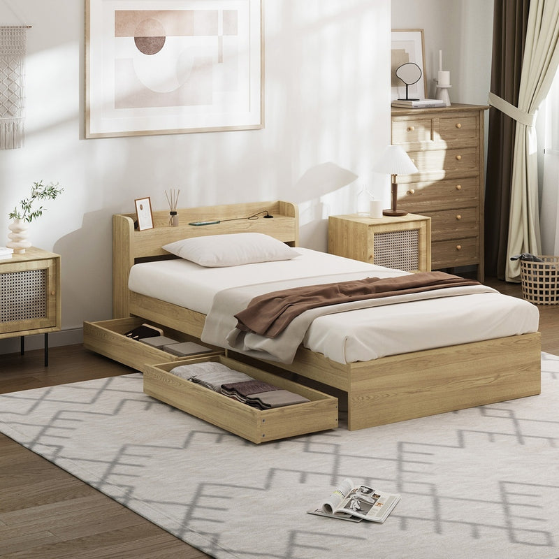 Oikiture Wooden Bed Frame Single Size with Charging Ports & 2 Drawers