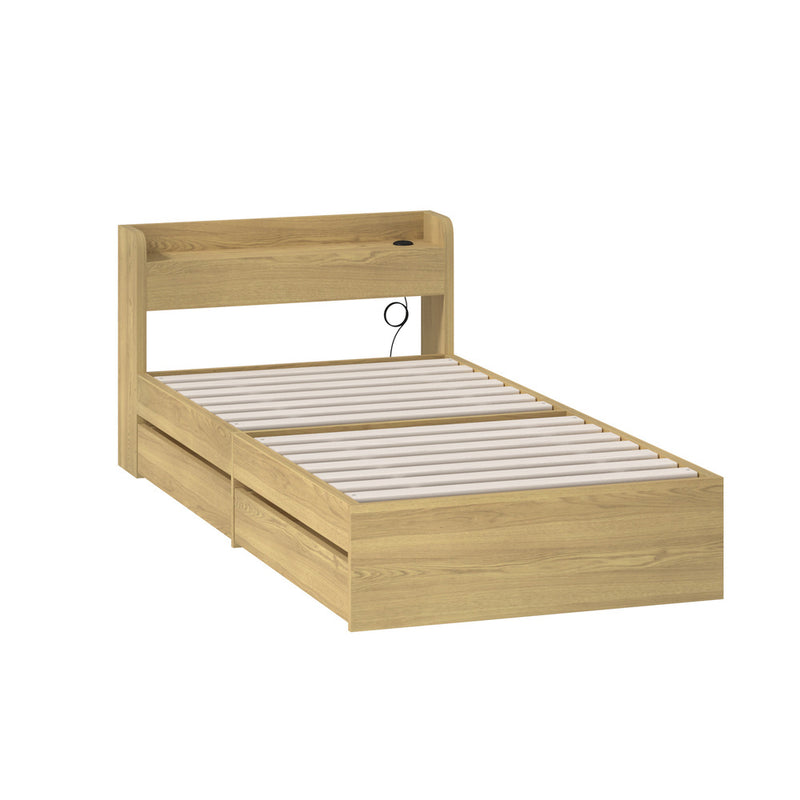 Oikiture Wooden Bed Frame Single Size with Charging Ports & 2 Drawers