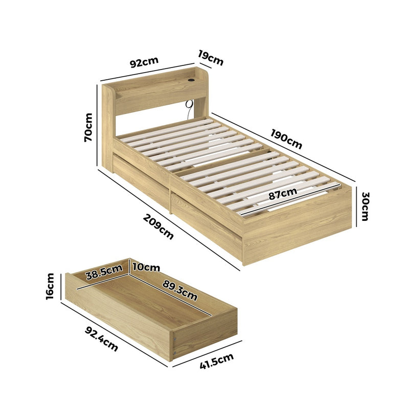 Oikiture Wooden Bed Frame Single Size with Charging Ports & 2 Drawers