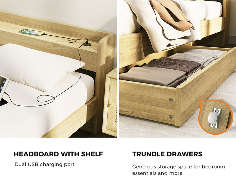 Oikiture Wooden Bed Frame Single Size with Charging Ports & 2 Drawers