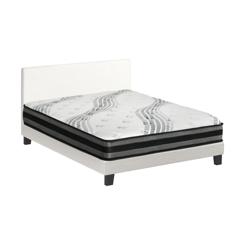 Oikiture Bed Frame with Double Mattress Set Boucle Fabric White
