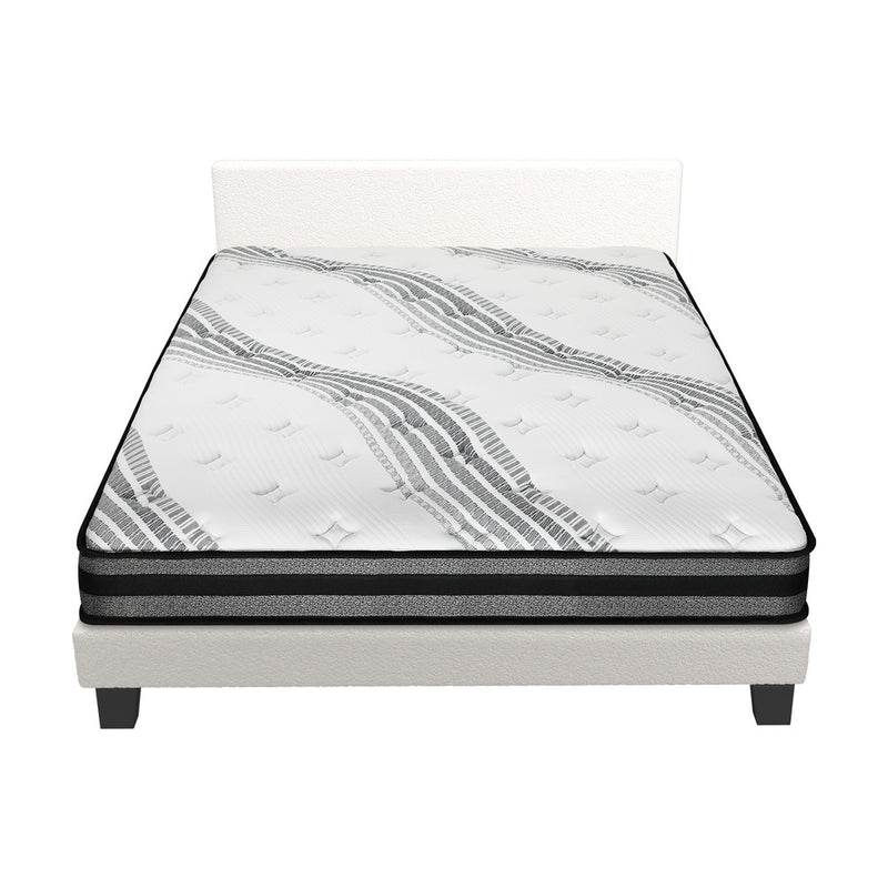 Oikiture Bed Frame with Double Mattress Set Boucle Fabric White