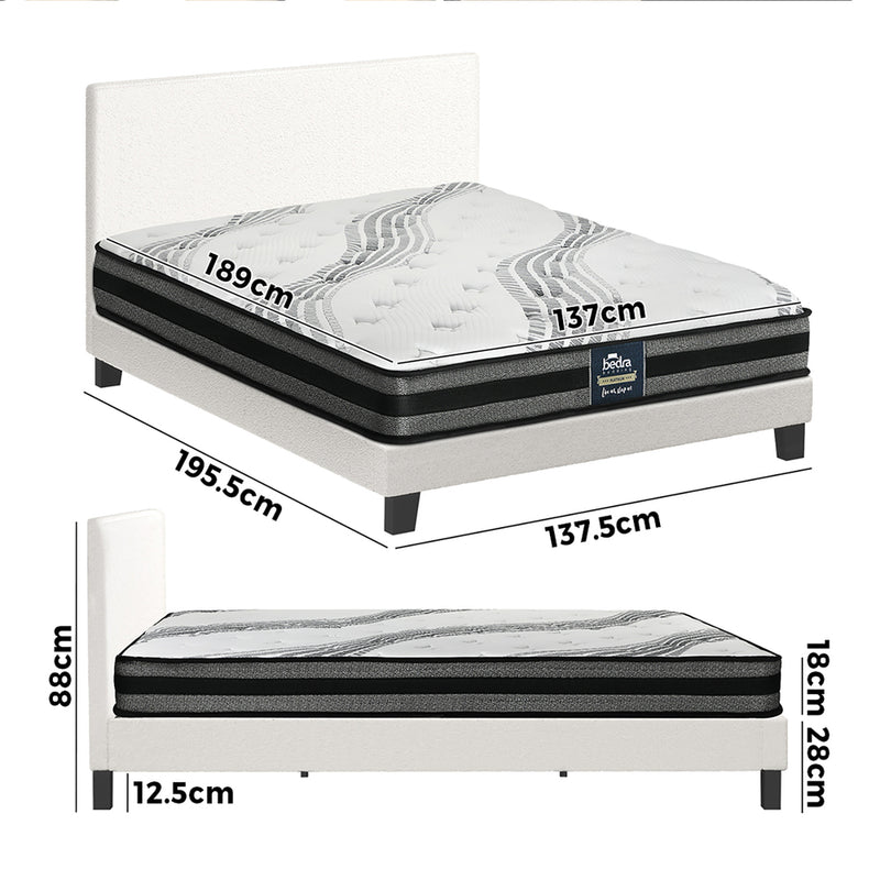 Oikiture Bed Frame with Double Mattress Set Boucle Fabric White