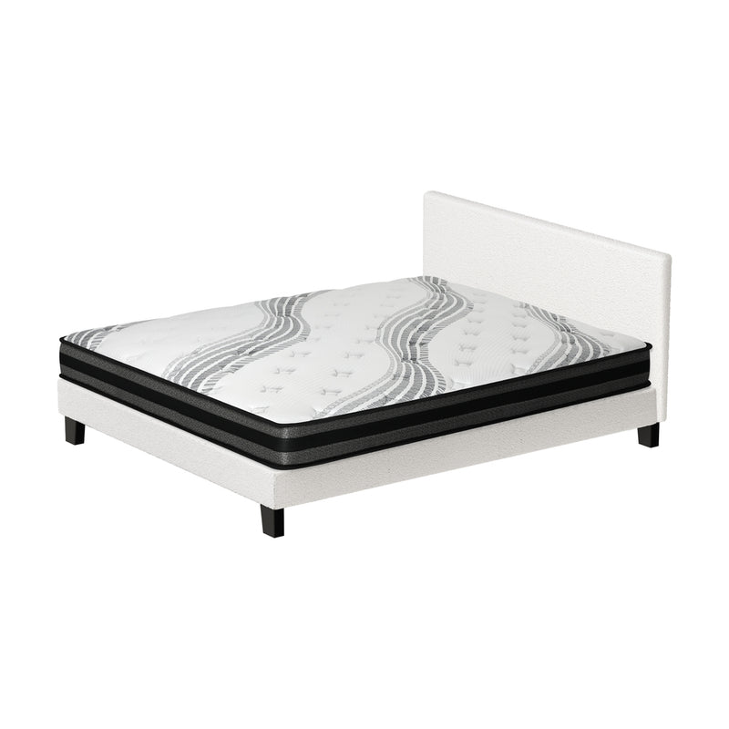 Oikiture Bed Frame with Double Mattress Set Boucle Fabric White