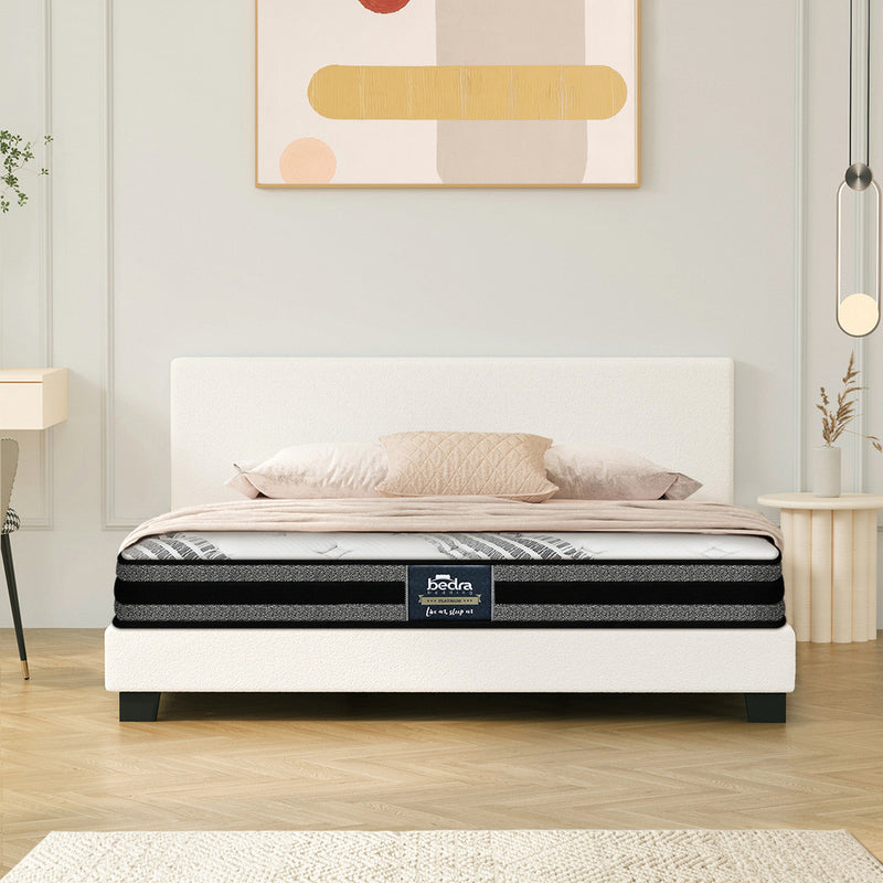 Oikiture Bed Frame with Double Mattress Set Boucle Fabric White