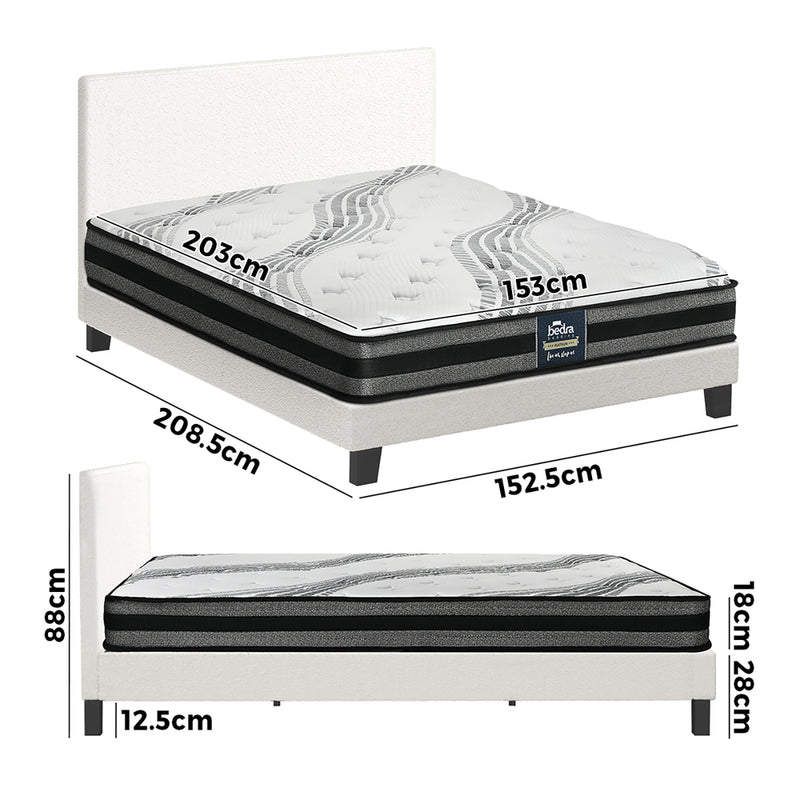 Oikiture Bed Frame with Queen Size Mattress Set Boucle Fabric White