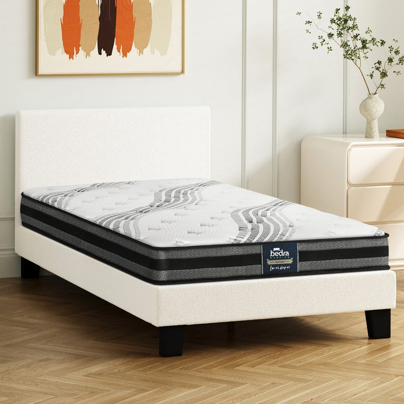 Oikiture Bed Frame with Single Size Mattress Set Boucle Fabric White