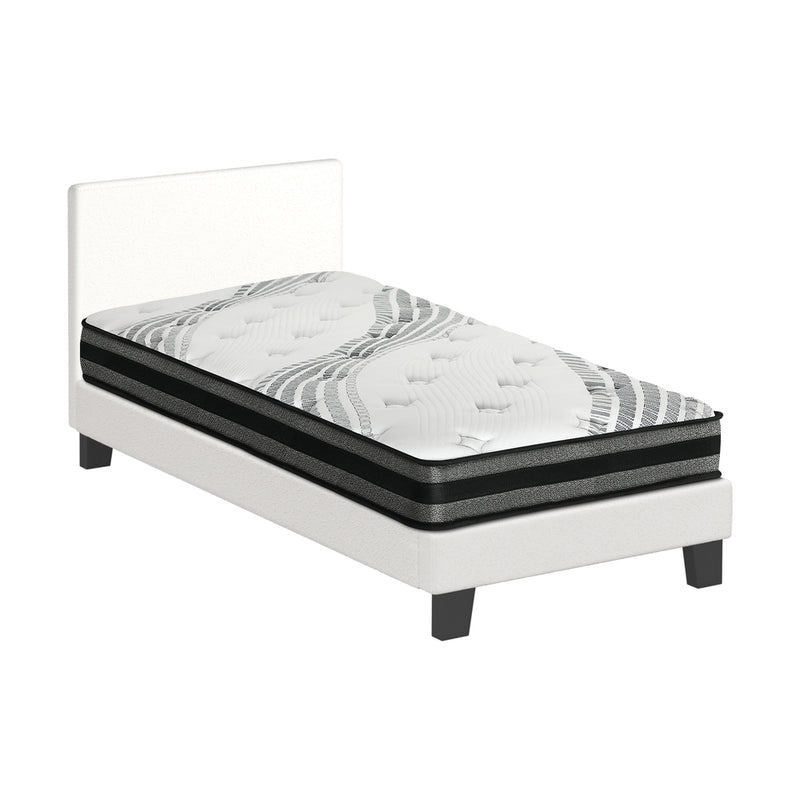 Oikiture Bed Frame with Single Size Mattress Set Boucle Fabric White