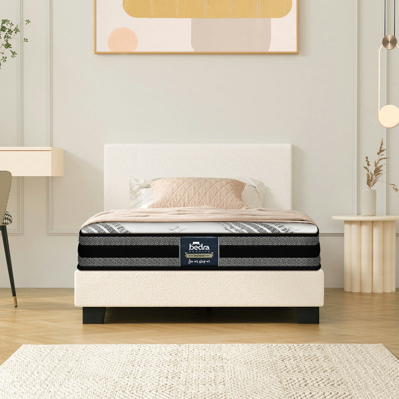 Oikiture Bed Frame with Single Size Mattress Set Boucle Fabric White