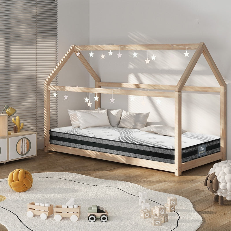 Oikiture Kids Bed Frame With Single Mattress Set House Style Wooden