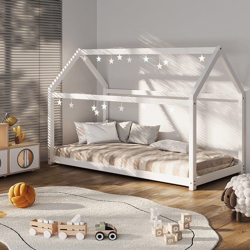 Oikiture Wooden Bed Frame Single House Style White
