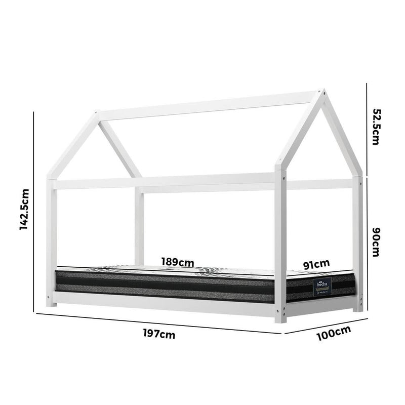 Oikiture Kids Bed Frame with Single Mattress House Style White