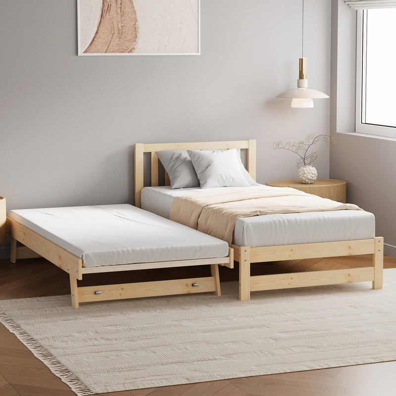 Oikiture Trundle Kids Bed Frame Single Wooden Timber Dual Beds Natural