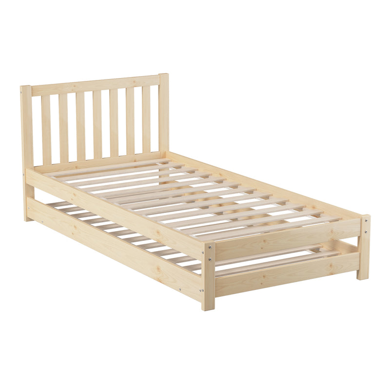 Oikiture Trundle Kids Bed Frame Single Wooden Timber Dual Beds Natural