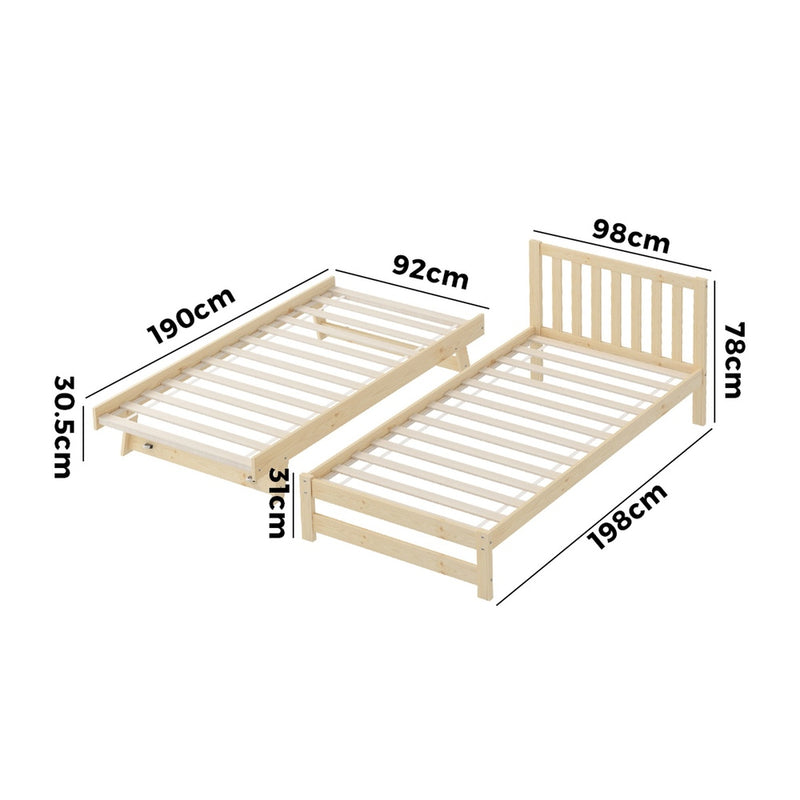 Oikiture Trundle Kids Bed Frame Single Wooden Timber Dual Beds Natural
