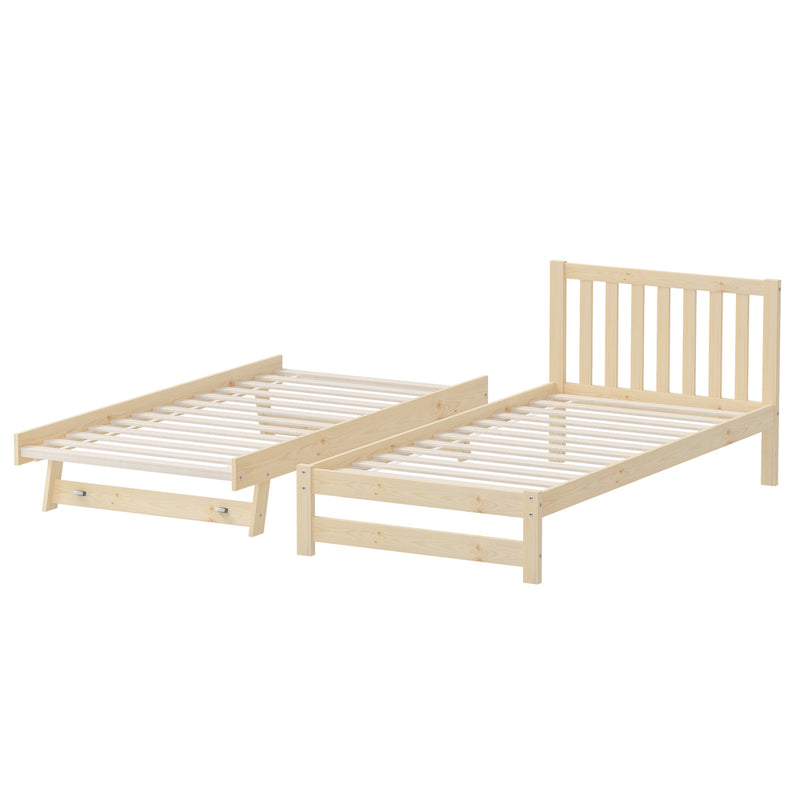 Oikiture Trundle Kids Bed Frame Single Wooden Timber Dual Beds Natural