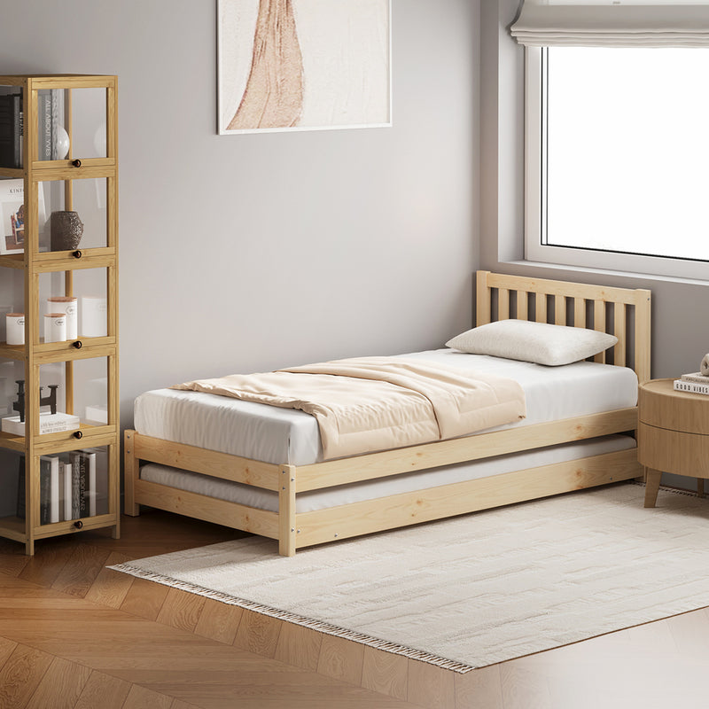 Oikiture Trundle Kids Bed Frame Single Wooden Timber Dual Beds Natural