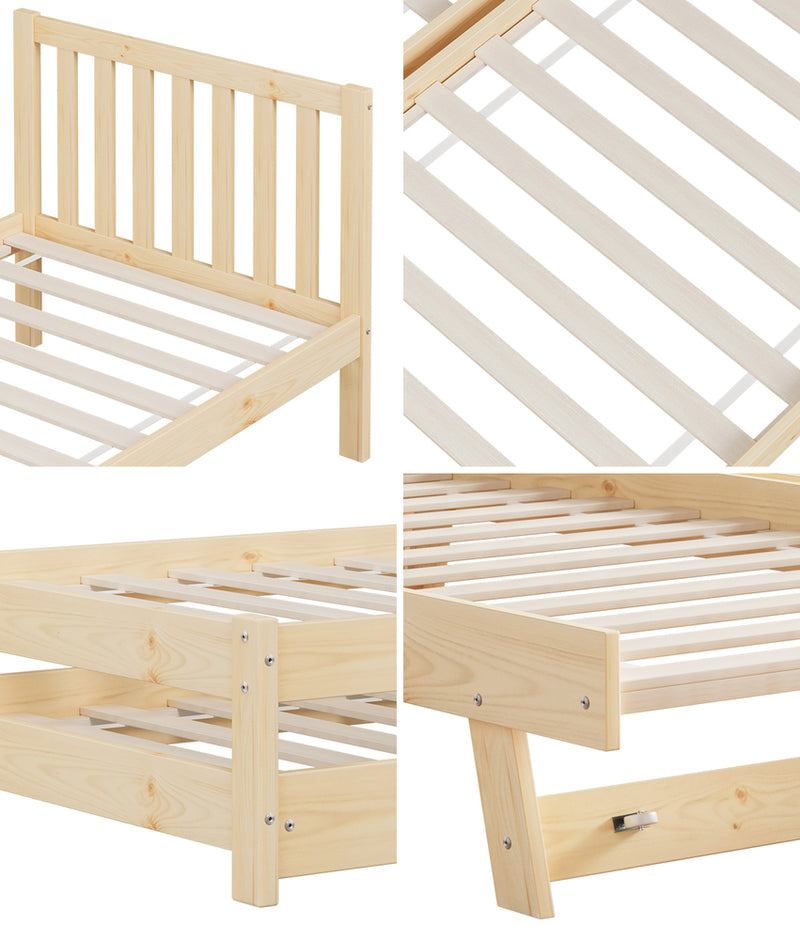 Oikiture Trundle Kids Bed Frame Single Wooden Timber Dual Beds Natural