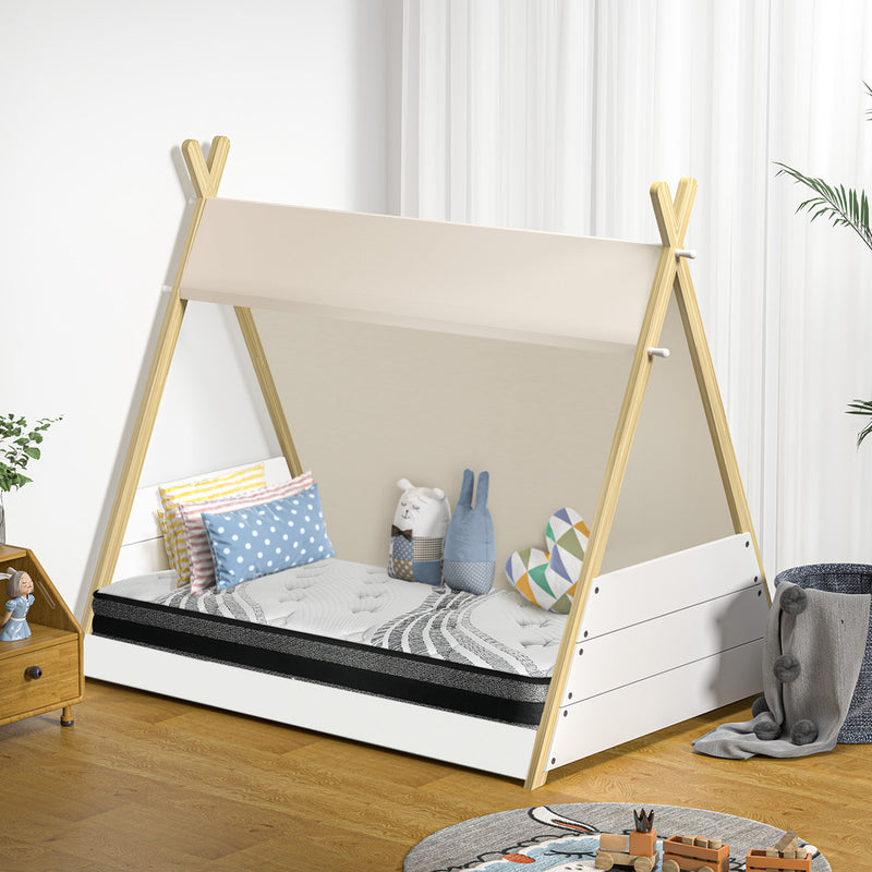 Oikiture Kids Bed Frame and Mattress Single House Teepee Triangle Beds