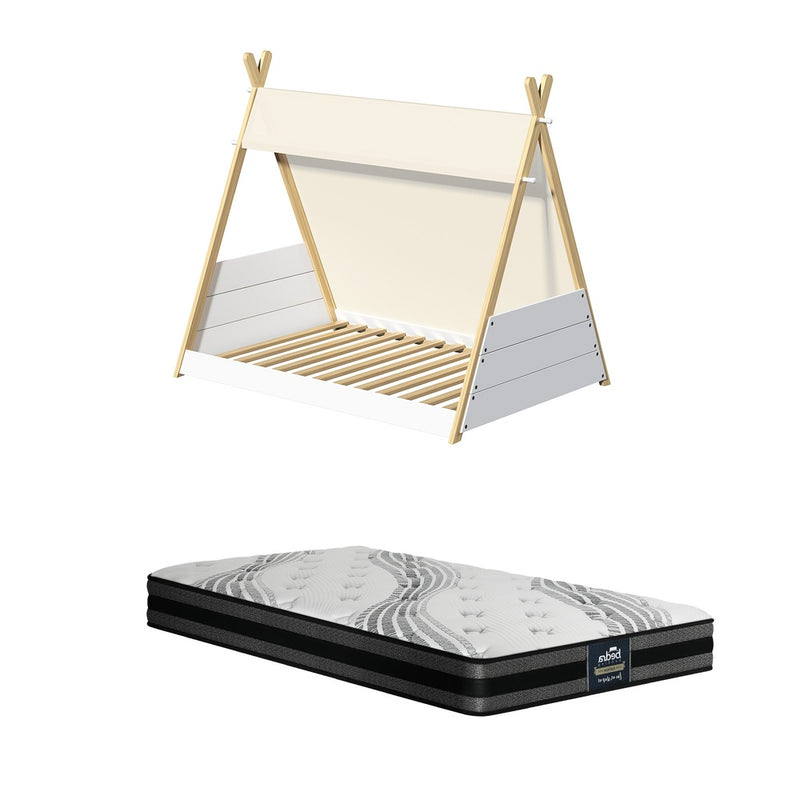 Oikiture Kids Bed Frame and Mattress Single House Teepee Triangle Beds