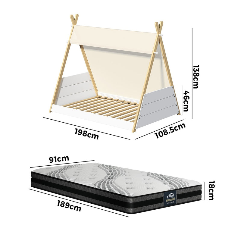 Oikiture Kids Bed Frame and Mattress Single House Teepee Triangle Beds