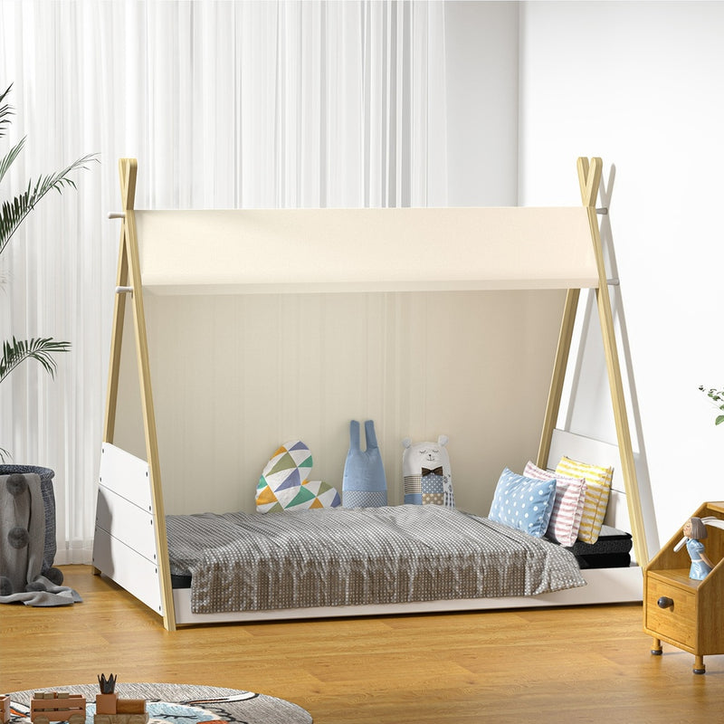 Oikiture Kids Bed Frame and Mattress Single House Teepee Triangle Beds