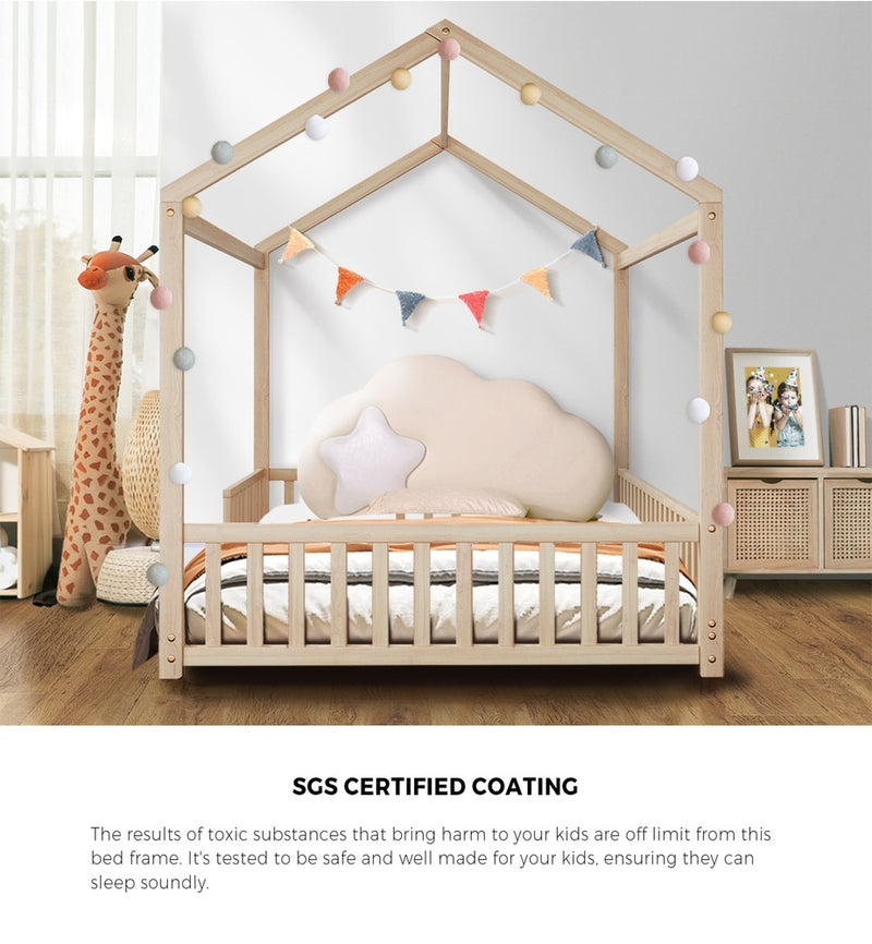 Oikiture Kids Wooden Bed Frame Double Size House Platform Natural