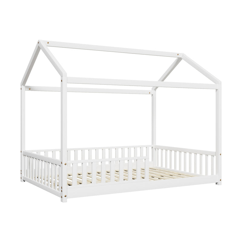 Oikiture Kids Wooden Bed Frame House Beds Platform Double White Timber Pine