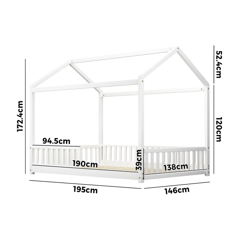 Oikiture Kids Wooden Bed Frame House Beds Platform Double White Timber Pine