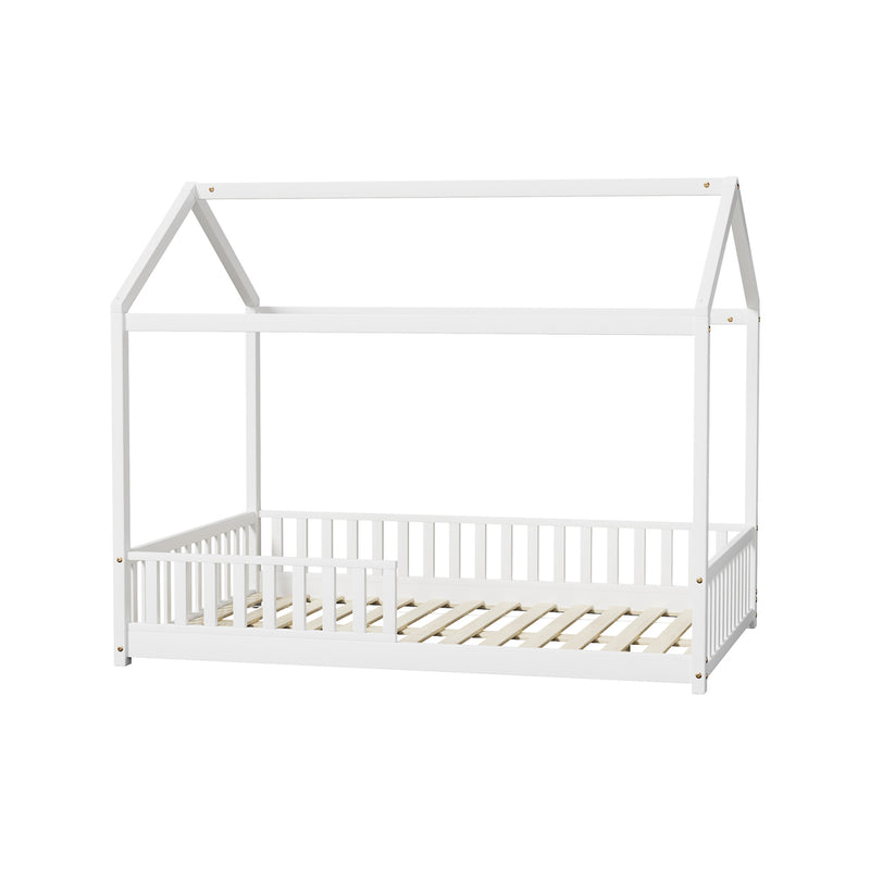 Oikiture Kids Wooden Bed Frame House Beds Platform Double White Timber Pine
