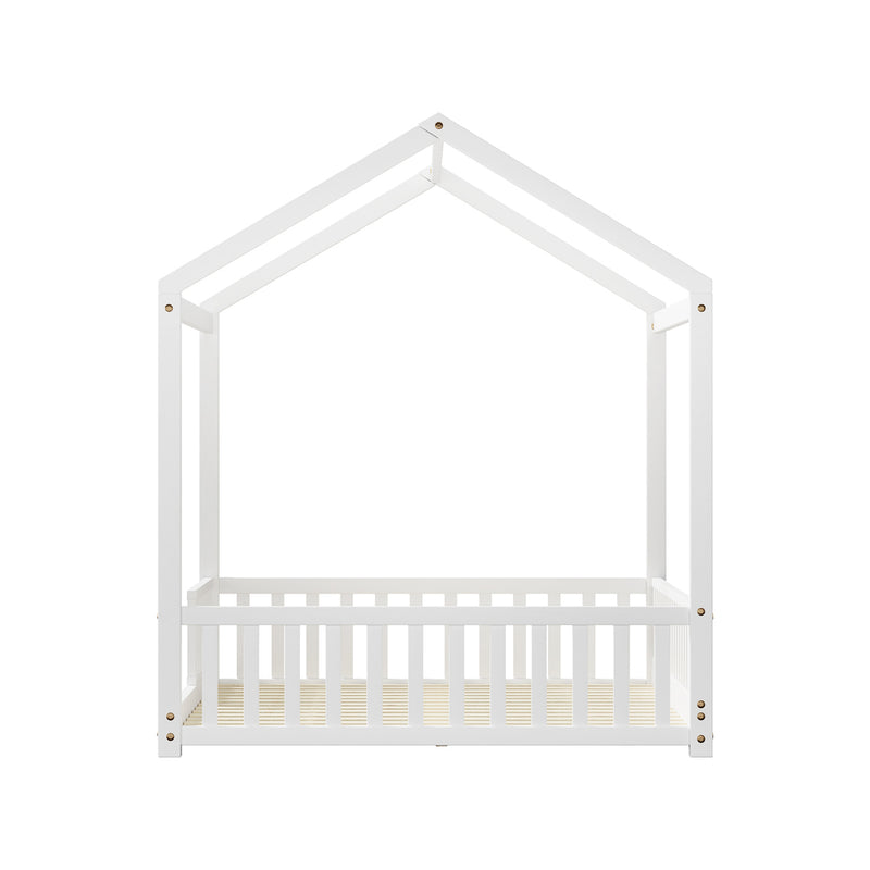 Oikiture Kids Wooden Bed Frame House Beds Platform Double White Timber Pine