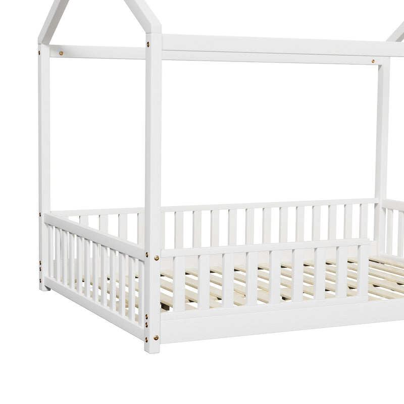 Oikiture Kids Wooden Bed Frame House Beds Platform Double White Timber Pine