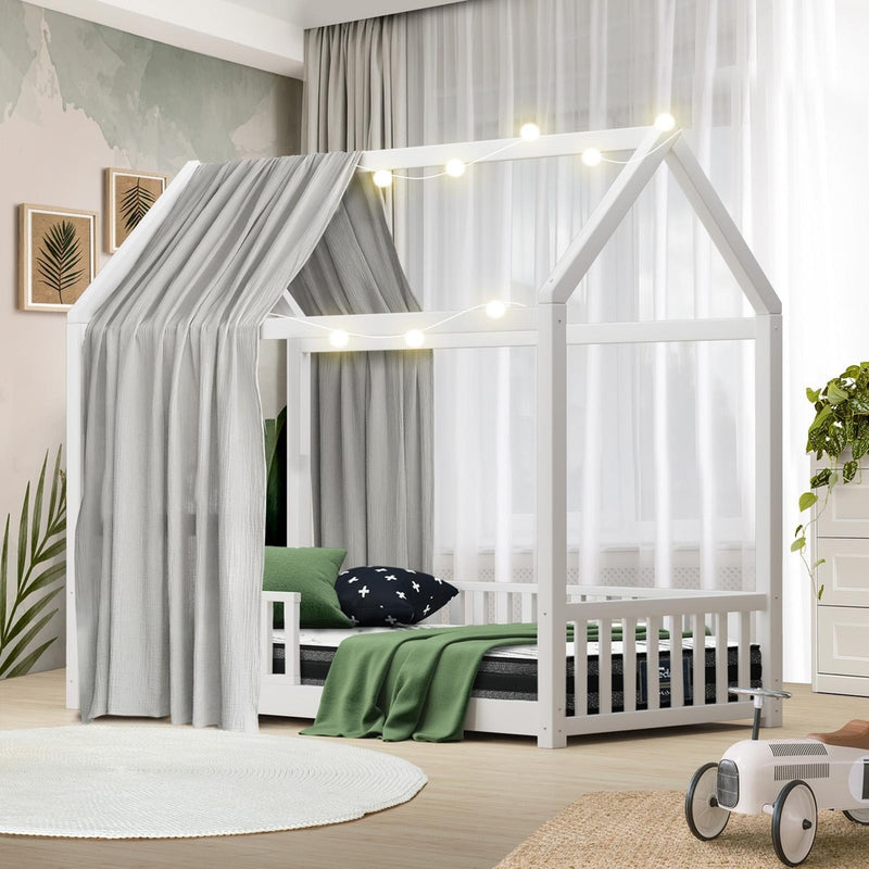 Oikiture Kids Bed Frame With Single Mattress House Frame White