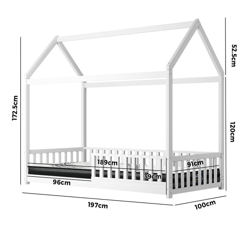 Oikiture Kids Bed Frame With Single Mattress House Frame White